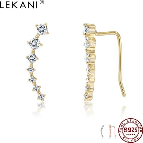 LEKANI S925 Sterling Silver For Women Simple Shiny Cubic Zirconia Clip Earrings Trendy Gold Color Ear Clips Silver Fine Jewelry