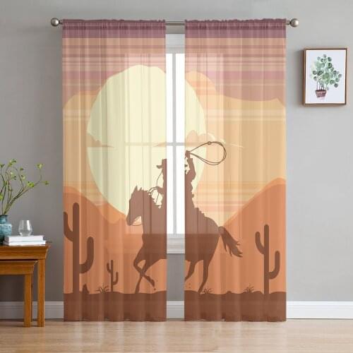 Western Cowboy American Style Cartoon Tulle Sheer Window Curtains for Living Room Kitchen Children Bedroom Voile Hanging Curtain