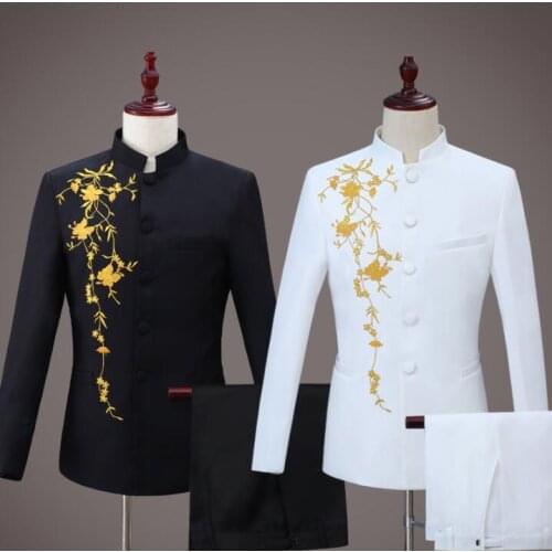 Stand collar Blazer men groom suit set with pants mens Chinese tunic suit singer star style dance stage clothing formal dress