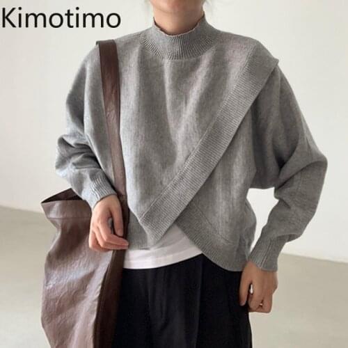 Kimotimo Irregular Design Sweater Women Korean Chic Stand Collar All-match Pullover 2021 Autumn Long Sleeve Loose Split Sweaters