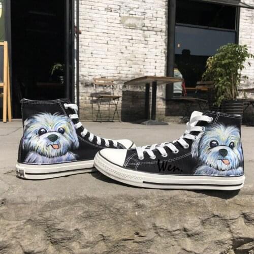 Wen Black Design Custom Hand Painted Shoes Pet Dog Men Womens Birthday Gifts High Top Black Canvas Sneakers