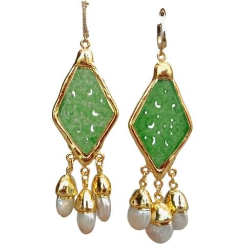 Y·YING Natural Cultured White Freshwater Pearl Green Rhombus Jades Carved Dangle Stud Earrings vintage style for women