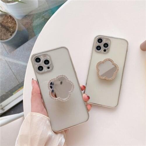 Diamond flower mirror bracket stand phone Case for iphone 11 11pro 12 12Pro Max X Xs Max XR SE2020 7 8 Plus Plating TPU cover