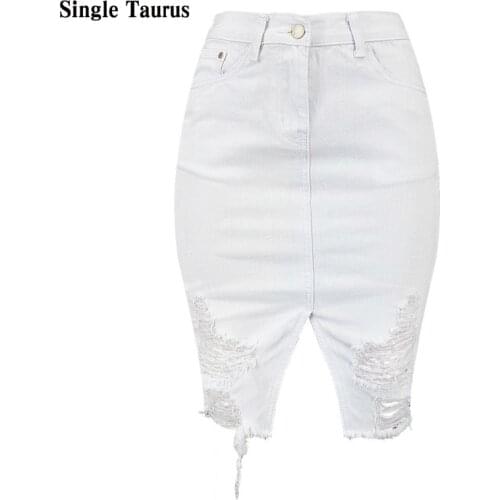 Female High Waist Denim Skirt Women Office Lady White Sexy Hole Split Faldas Mujer Moda Fashion Tassel Jupe Jeans Saias Femme