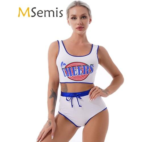 Womens Ladies Lingerie Cheerleading Uniform Sexy Cosplay Costsume Letter Print Cropped Tank Top with Drawstring Briefs Hot Pants