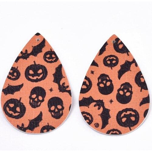 10 Pcs Halloween Theme Big Teardrop Pendants PU Leather Double Sided Charms For Jewelry Making Necklaces Earrings Findings