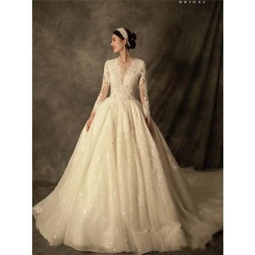 2021 Wedding Dress V-Neck Long-Sleeved Lace Printing Wedding Dress Is Thin And Trailing Dream Princess