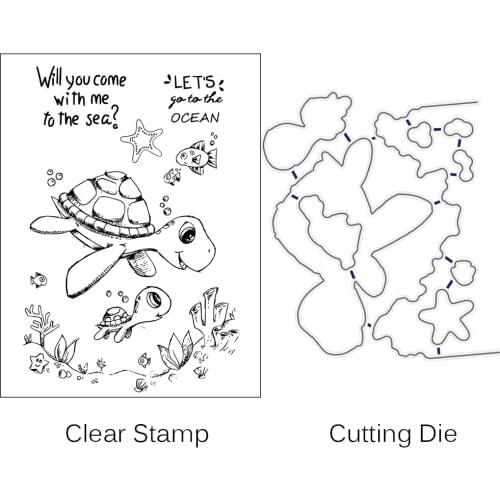 AZSG Cartoon Sea Turtle Cutting Dies Clear Stamps For DIY Scrapbooking Decorative Card making Crafts Fun Decoration Supplies