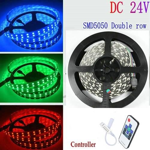 DC24V 5M 16.4FT 120Leds/M Double Row 5050 RGB LED Strip 600 Leds SMD Light NON-Waterproof+Mini 10 Key RF Remote Controller