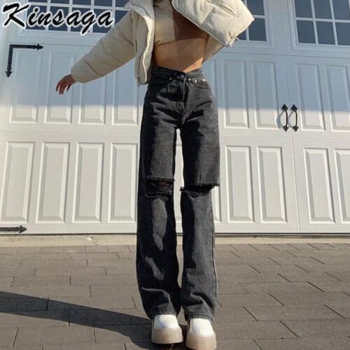 Black gray High Waist Ripped Baggy Jeans Mom Streetwear Y2k Aesthetic Knee Hole Straight Denim Pants Vintage Egirl Wide Leg Pant