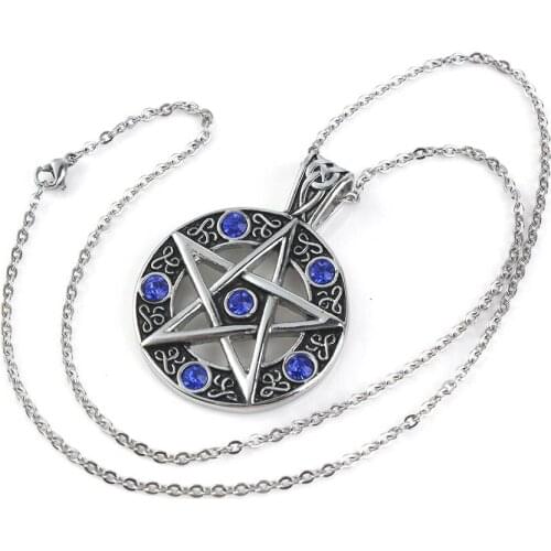 Classic Style Stainless Steel Lucky Star Pendant Link Chain Necklace with Blue Crystal Amulet Jewelry