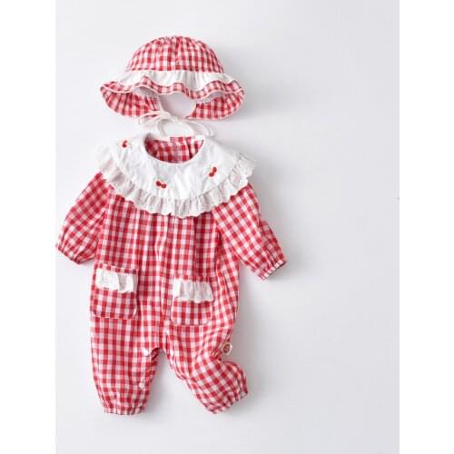 Baby Spring Autumn Clothing Newborn Girls Plaid Clothes Cotton Romper Jumpsuit with Hat Outfits