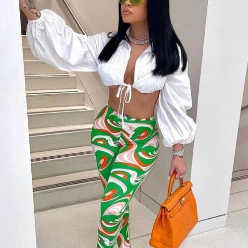 Lantern Sleeve Tie Front Crop Top Shirt Blouse