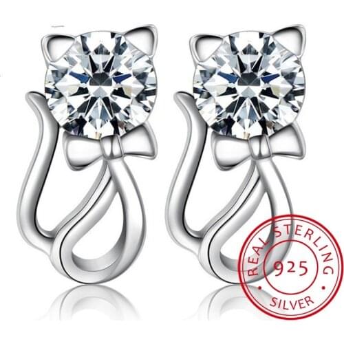 Cute 925 Sterling Silver White CZ Zircon Kitty Cat Gato Stud Earring For Women Children Girls Kids Jewellery Gift brinco pequeno