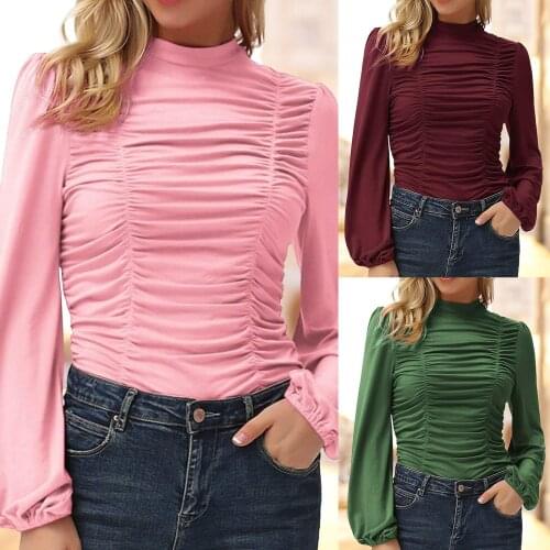 Fashion Elegent Pleated Blouse Autumn Winter Turtleneck Tops Female Women Long Sleeve Shirt Blusas Femininas Clothing Pullover