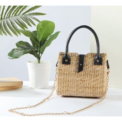 Fashion Box Rattan Women Handbags Wicker Woven Shoulder Crossbody Bags Chains Summer Beach Straw Bag Lady Bali Small Purses 2021