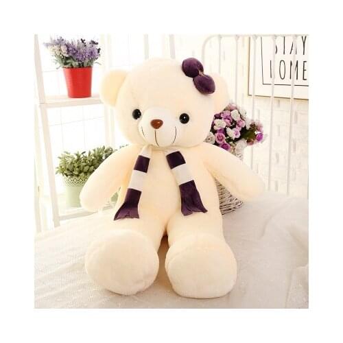100% new large 85cm white teddy bear plush toy purple scarf bear doll soft throw pillow Christmas gift b1255