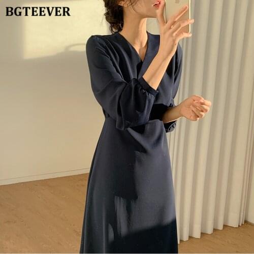 BGTEEVER Elegant Women V-neck Mid-length Dress Long Sleeve Lace-up Slim Waist Female Dress Spring Summer Solid Vestidos 2021