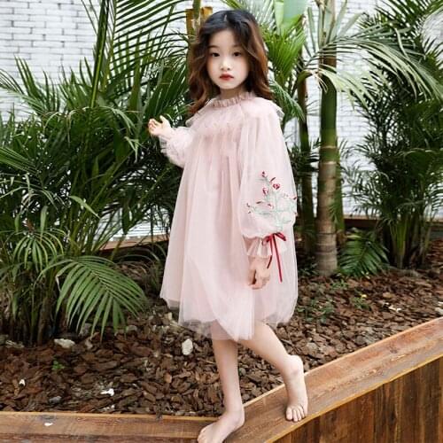Voile Girls Princess Dresses Cute Loose Embroidery Dress Thin Tulle Gowns Soft Lantern Sleeve Baby Kids Clothes Vestidos
