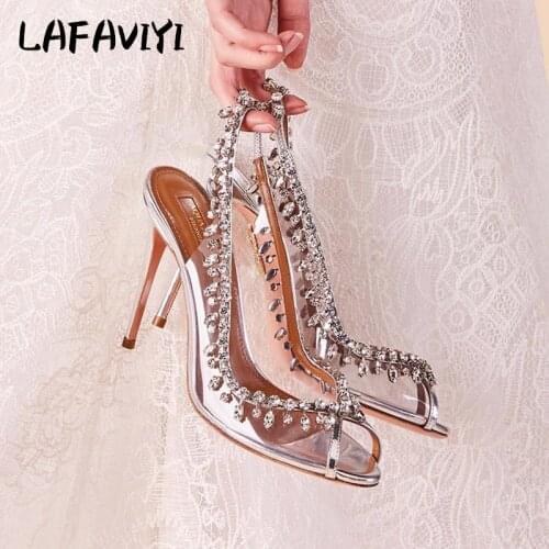 Luxury Shoes Women Designers Elegant Peep Toe Wedding Shoes Slip-On Thin Heels PVC Sexy Party Women Pumps Size 34-45