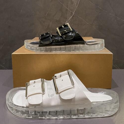 Shoes Women Buckle Leather Flat Sandals Round Toe Flat Platform Shoes Ladies Summer Causal Sandals White