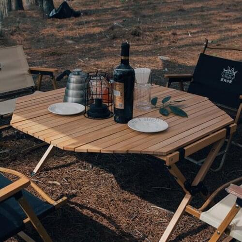 Outdoor Portable Wooden Octagonal Egg Roll Table Camping Picnic Barbecue Folding Table With Carry Bag