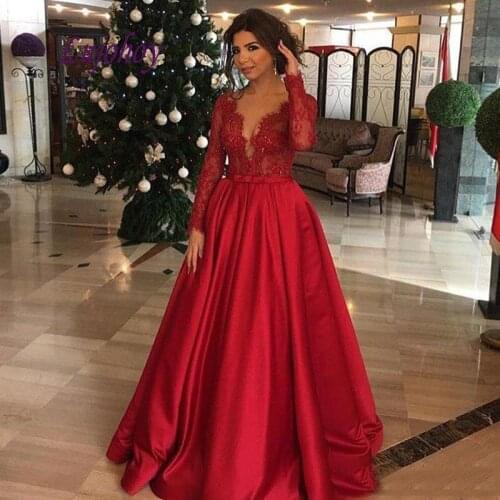 Red Long Sleeve Lace Evening Dresses Party Plus Size Women Ladies Sexy Prom Formal Evening Gowns Dresses
