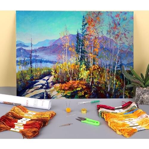 Landscape Morning Fogs Printed Water-Soluble Canvas 11CT Cross-Stitch Complete Kit DIY Embroidery DMC Threads Needle