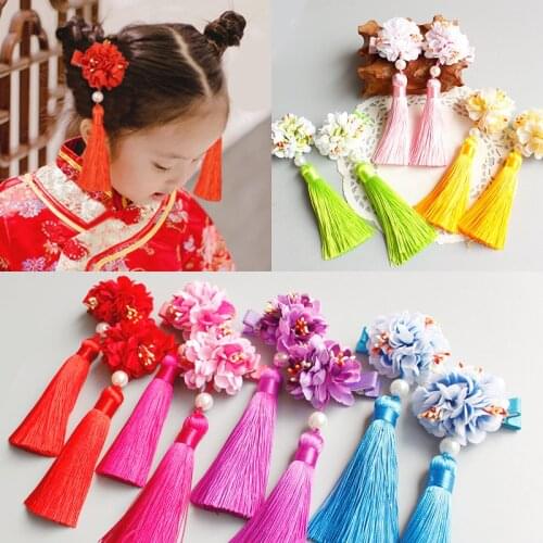 2PCS/Lot Chinese Princess Colorful Simulation Flower Long Tassels Headbands Hair Clips Girls Hair Ornament Cute Hair Accessories