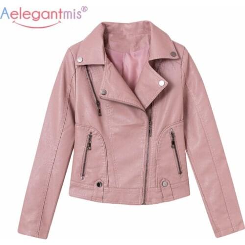 Aelegantmis 2021 Fashion Black Faux Leather Jacket Women Hight Street Motor Biker Pu Leather Coat Korean Button Casual Outerwear