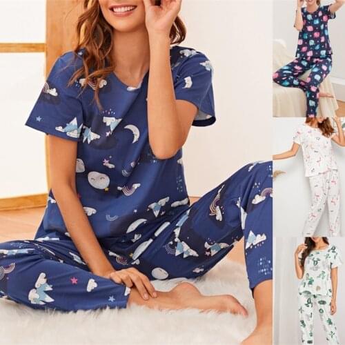 Womens Pajamas Cartoon Print Short Sleeve Tops Long Pants Homewear Set Korean Female Summer Loungewear Suit Night Pajamas 2021