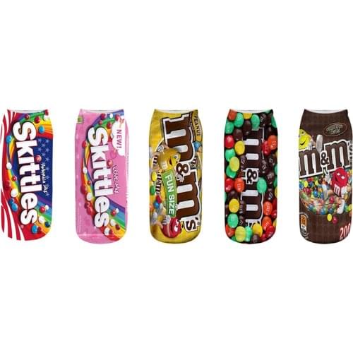 Happiness Socks Women 3D Print Chocolate Beans Rainbow Candy Ankle Socks Woman Men Funny Ladies 100% Cotton Short Socks 20cm