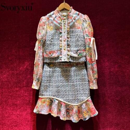 Svoryxiu Runway Designer Autumn Fashion Skirt Suit Womens Lace Print Puff Sleeve Tweed Jackets + Mermaid Skirt Two Piece Set