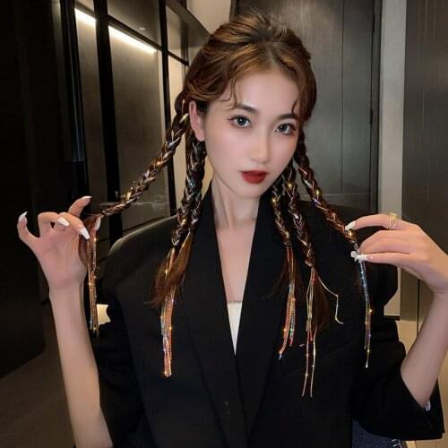 Origin Summer Bling Bling Multicolor Long Tassel Rhinestone Hair Band for Women Metallic Chain Wedding Hair Accessories