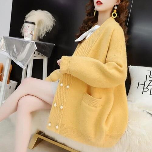 2020 yellow Cardigan Sweater Women Autumn Winter New Loose Cute Long Sleeve Womens Knitted Jacket Sweaters Oversize