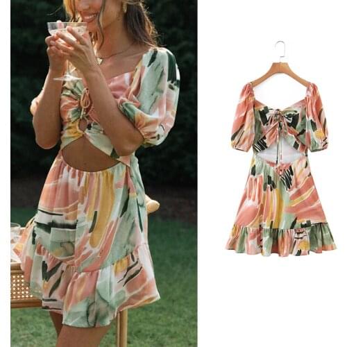 Womens Dress Za Fashion 2021 Tie Dye Print Chiffon Mini Dress Female Vintage Short Sleeve Mini Summer Dress Holiday Vestidos