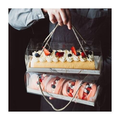 10pcs Transparent Cake Box With Handle Cupcake Swiss Clear Plastic Portable PET Packing Gift Box Roll Long