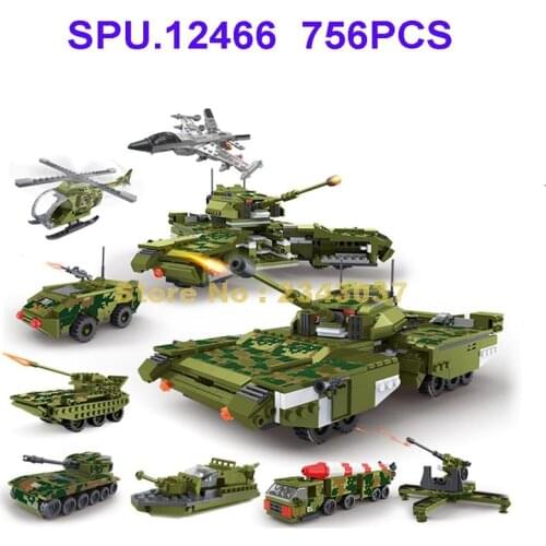 17017 756pcs 8in1 Military Tank Fighter Helicopter Aircraft Warship Army Artillery Navy Ww2 Building Blocks Toy