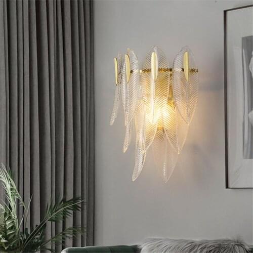 American luxury Leaf glass copper wall lamp for villa bedroom bedside Living room TV background wall decorative light fixture