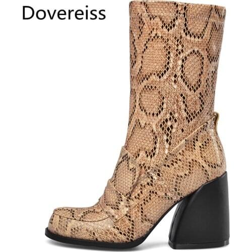Dovereiss Fashion Winter sexy Ankle boots Square toe clear heels boots Block heels Zipper Consice Snakeskin boots 34-43