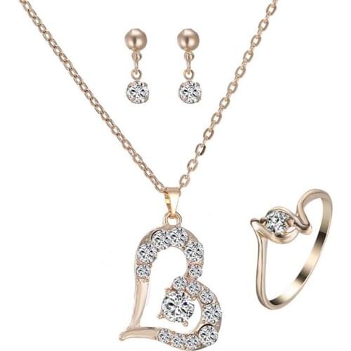 Luxury Love Heart Pendant Rhinestone Necklace Ring Earrings Women Jewelry Set dubai jewelry sets stainless steel jewelry woman