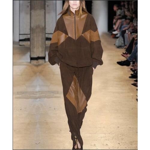 Brown Suede Patchwork High Quality PU Suits Boyfriend Style Loose Jacket Pants Two Piece Sets Casual Sports Women Suits SO1919