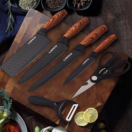 6PCS Kitchen Knife Set Stainless Steel Meat Slicing Knife Vegetable Slicing Knife Scissors + Ceramic Peeling Wood Grain Handle