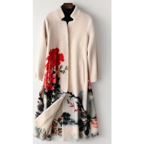 Fashion Sheep Fur Collar Wool Fur Coat Printed Pockets Long Winter Coat High Quality Outwear Luxury Overcoat Thick Warm Outwear