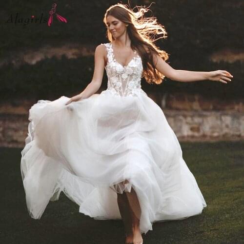 Ivory Lace Wedding Dress Boho Tulle Puffy White Dress Simple Wedding Dress 2021 Backless Wedding Party Dress robe de mariage