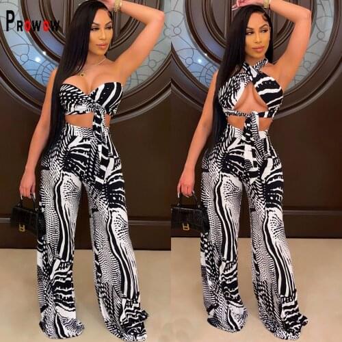 Prowow Fashion Print Women Clothing Set Bandage Tops Wide Leg Pant Two Piece Suits for Woman 2021 New Summer Female Outfits