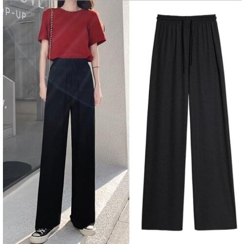 Silk wide-leg pants womens summer thin section high waist drape black loose straight mopping casual pants