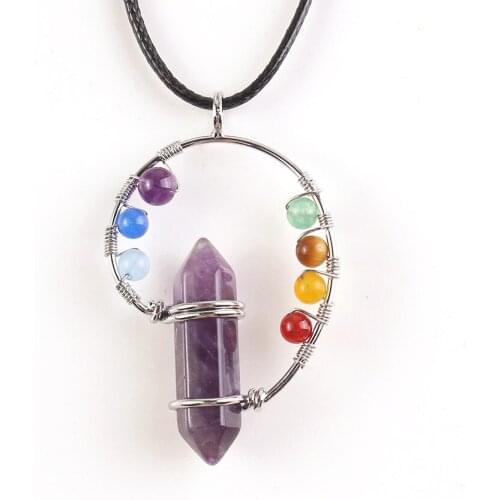 Trendy-beads Silver Plated Natural Purple Amethysts Hexagon 7 Round Beads Chakra Pendant Necklace With Rope Chain Jewelry