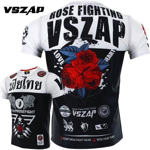 VSZAP Rose Short-sleeved Quick-drying Clothes Men Fitness Stretch T-shirt Muay Thai MMA Sports Fighting Fight Broadcast Tshirts