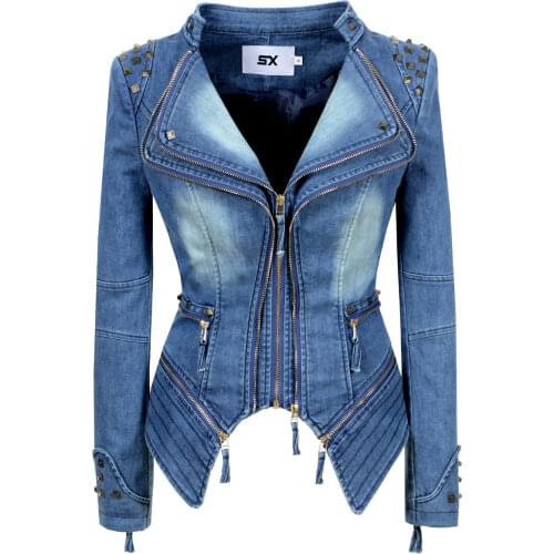 Plus Size Punk rivet Short Denim slim Jackets Women Wash Long Sleeve Vintage Casual studs Jean outerwear lapel Bomber Denim Coat